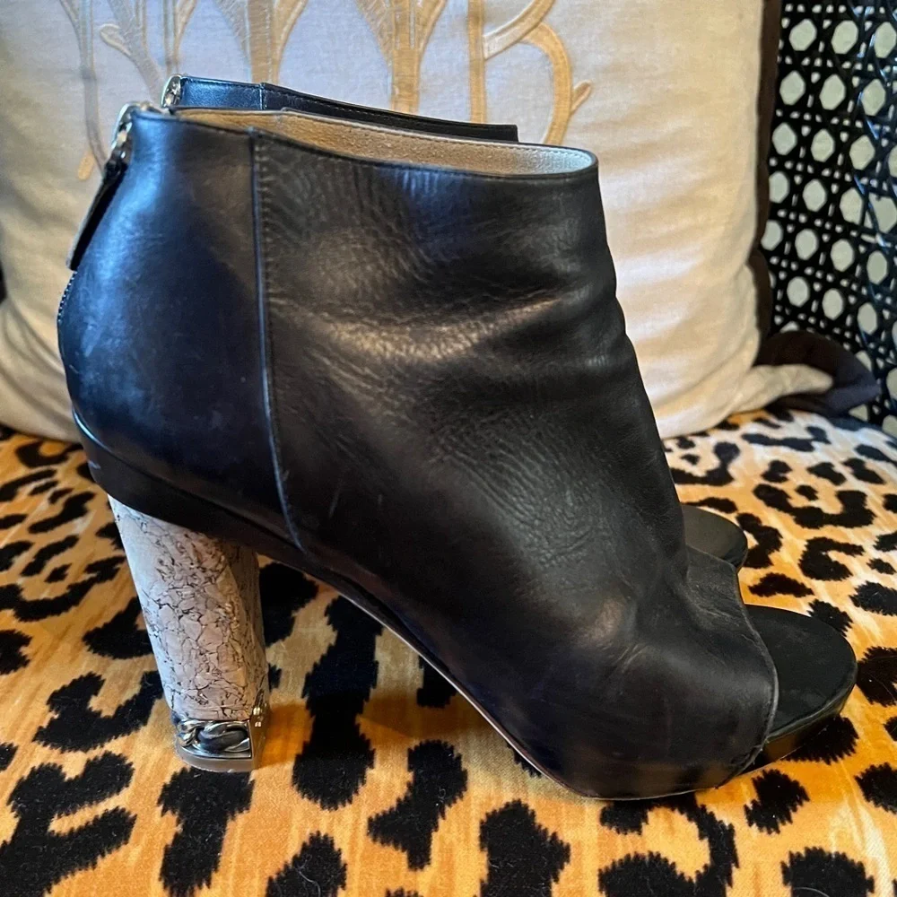 CHANEL OpenToe Black Leather Ankle Boots Mark Chain Cork Heel CC Size 38
